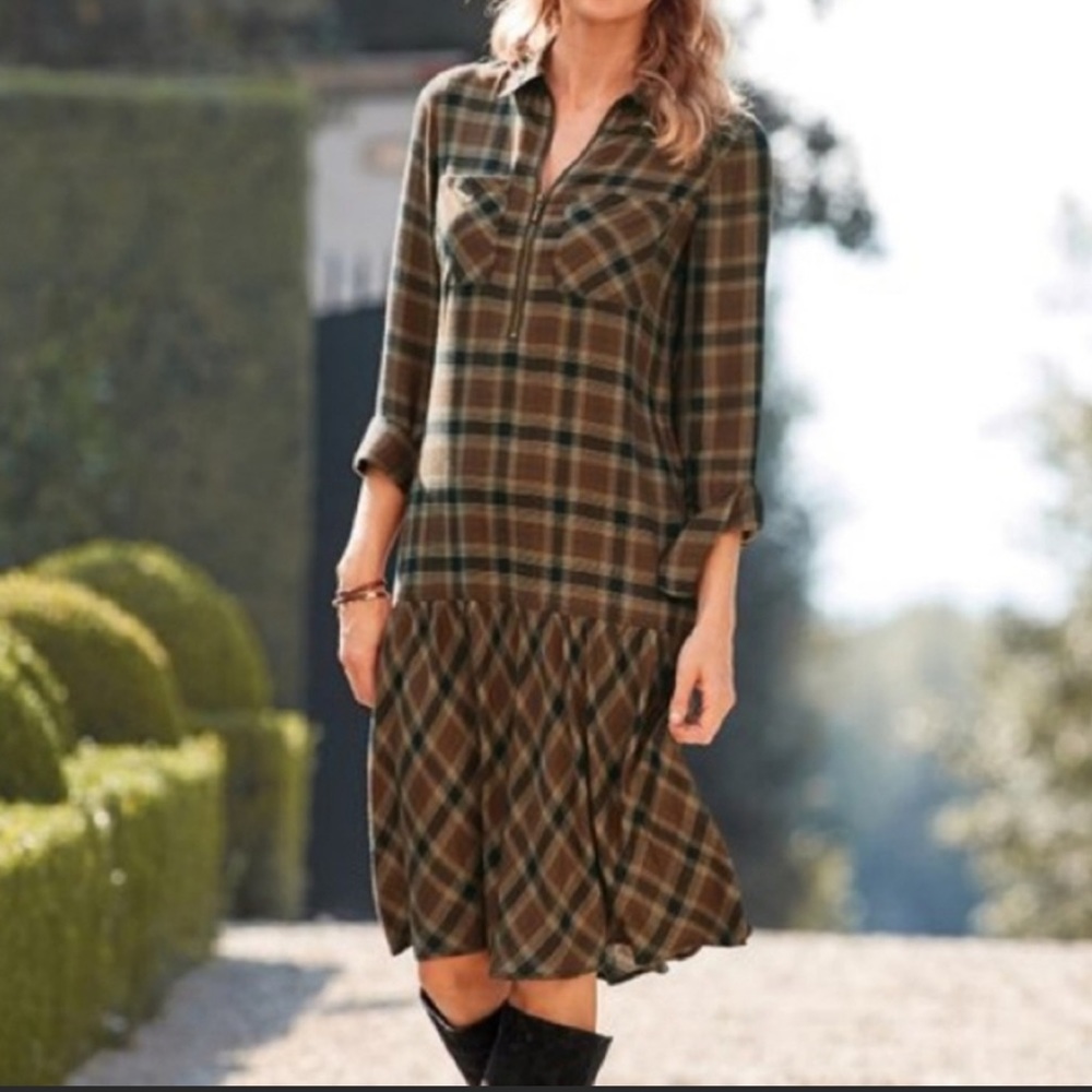 Soft Surroundings brown flannel plaid long sleeve relaxed fit dress large